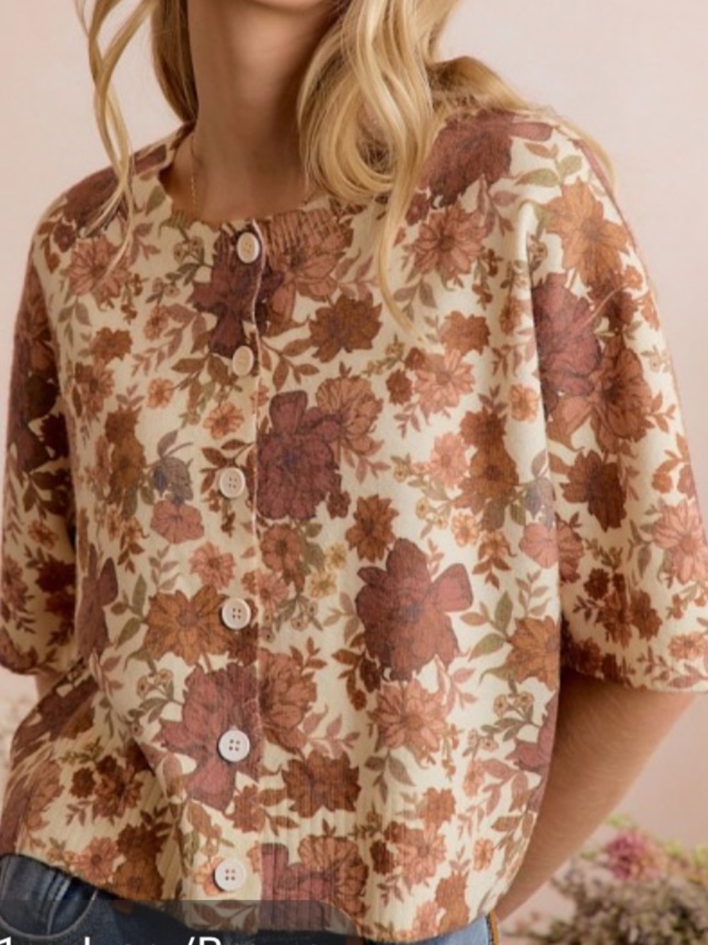 S132 So Me Vintage Botanical Floral Short Balloon Sleeve Sweater